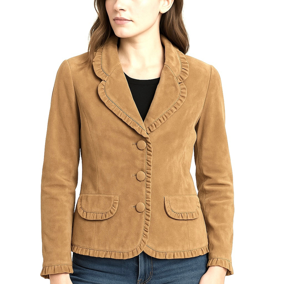 Vintage Suede Leather Blazer Jacket Tan Brown Boho Ruffle Trim Alice Blue S - Picture 3 of 17